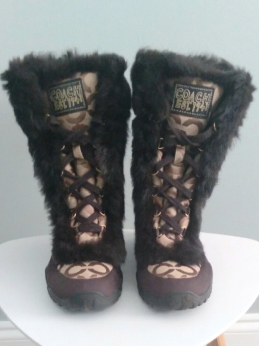 Coach "Jennie" Signature Fur-Trimmed Winter Boots in Khaki & Chocolate Brown